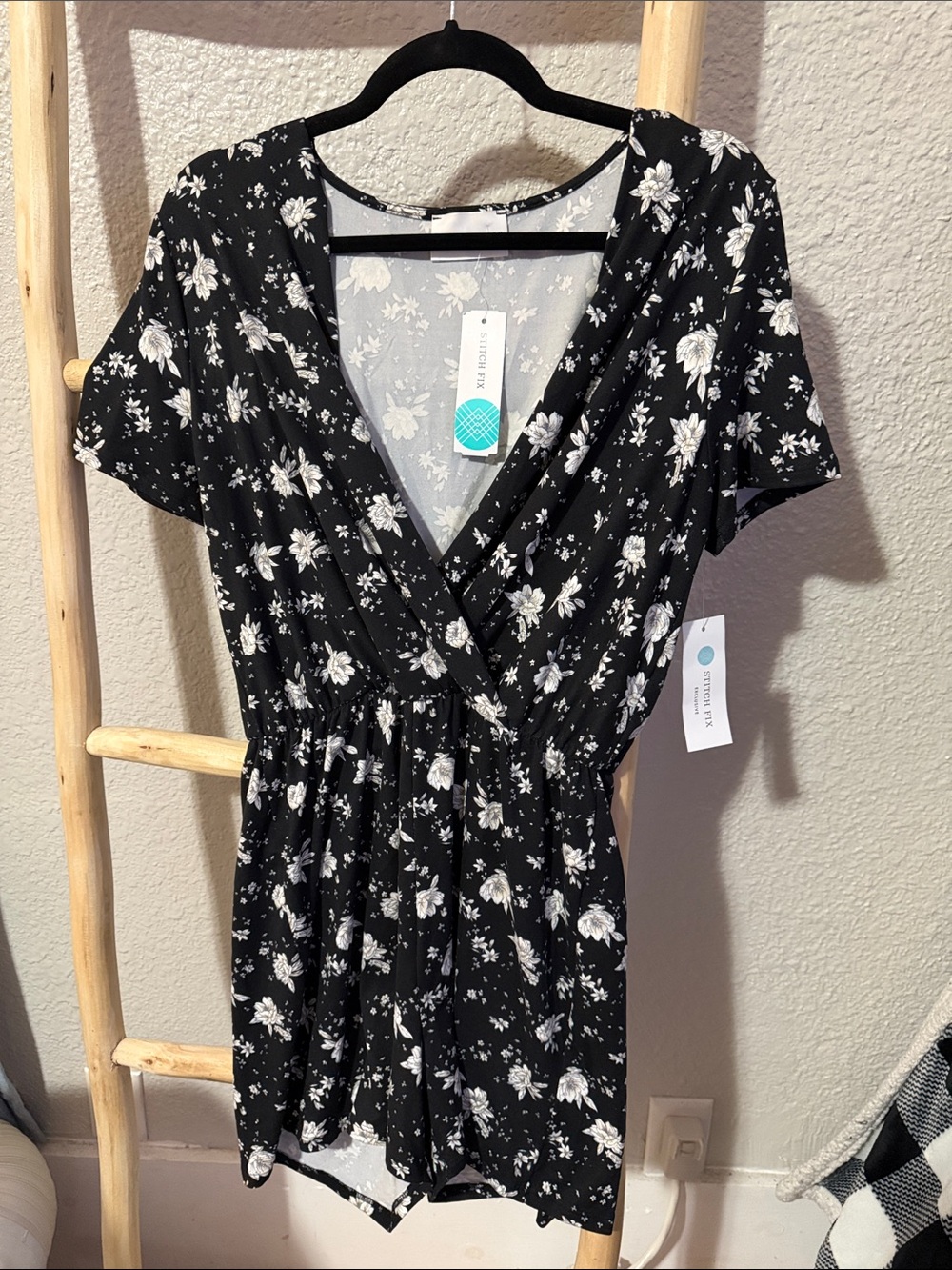 French Grey Black Romper with White Floral Print